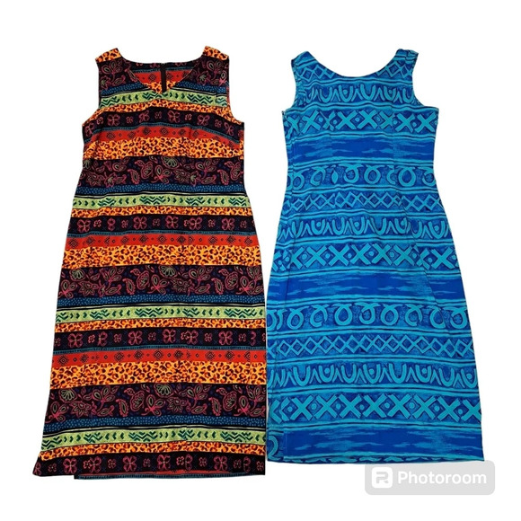 Bundle Homemade 2 Colorful Sleeveless Midi Maxi Sheath Sun Dresses Size *10 - Picture 1 of 11
